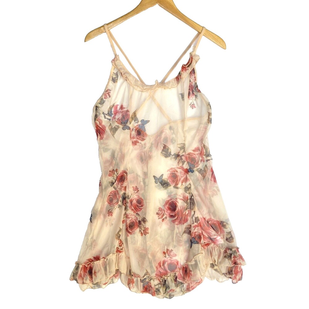 Romantic Sheer Butterfly Roses Chemise Long Cami Ruffle Lingerie Top Womens M L